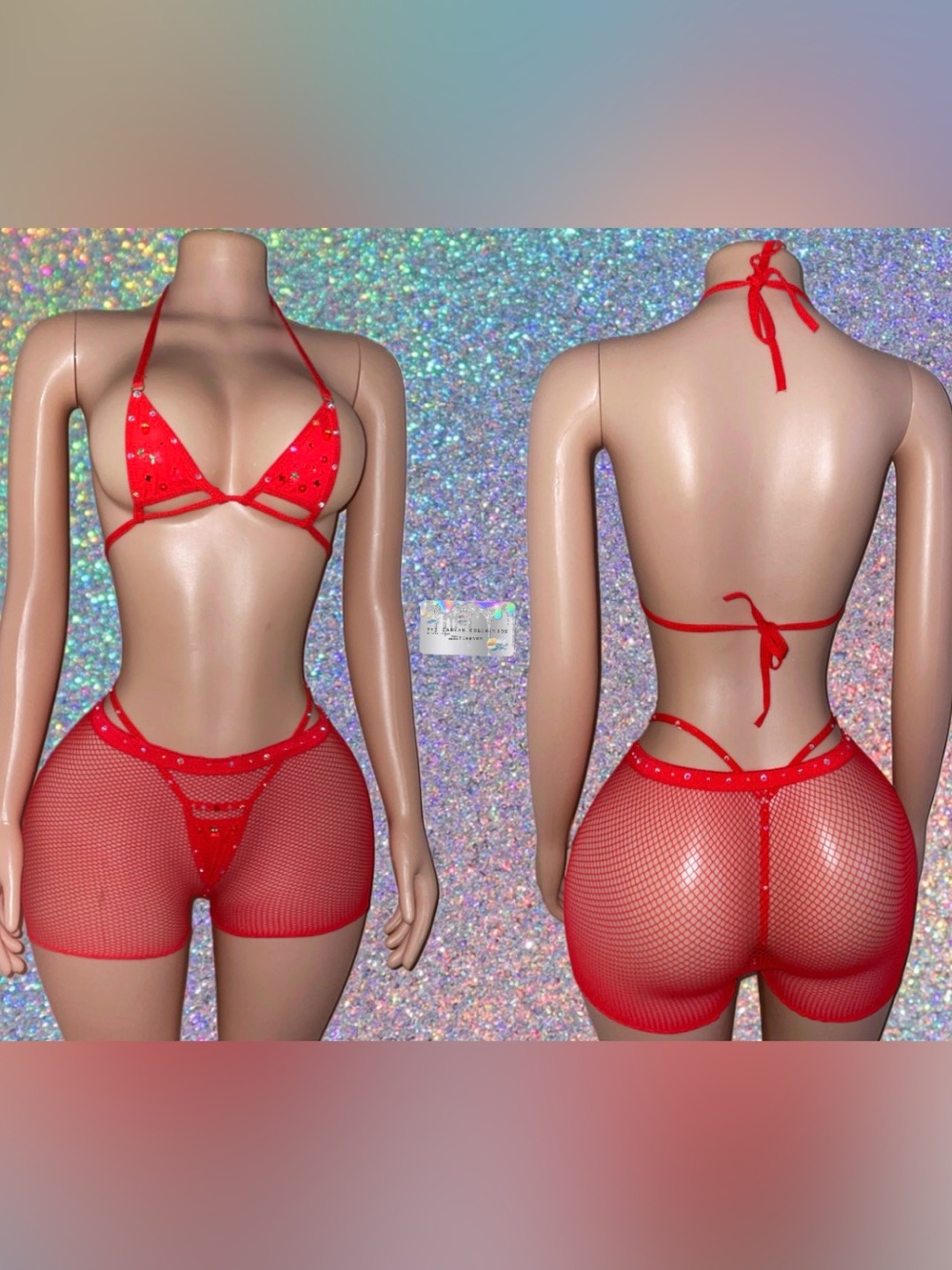 EXOTIC DANCEWEAR: Red Rhinestone Mesh 3 Piece Set with charms & rhinestones